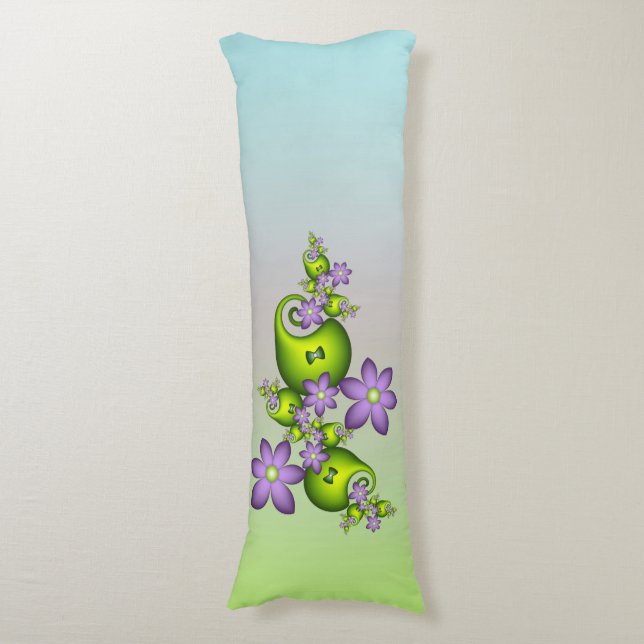 Blommigt Fantasy Lilac Flowers Grönt Shapes Fracta Kroppskudde (Framsidan Vertikal)