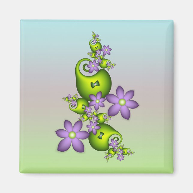 Blommigt Fantasy Lilac Flowers Grönt Shapes Fracta Magnet (Framsidan)