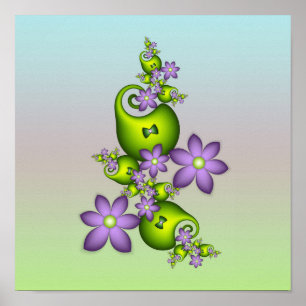 Blommigt Fantasy Lilac Flowers Grönt Shapes Fracta Poster