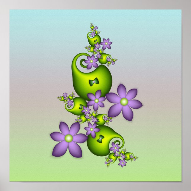 Blommigt Fantasy Lilac Flowers Grönt Shapes Fracta Poster (Framsidan)
