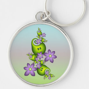 Blommigt Fantasy Lilac Flowers Grönt Shapes Fracta Rund Silverfärgad Nyckelring