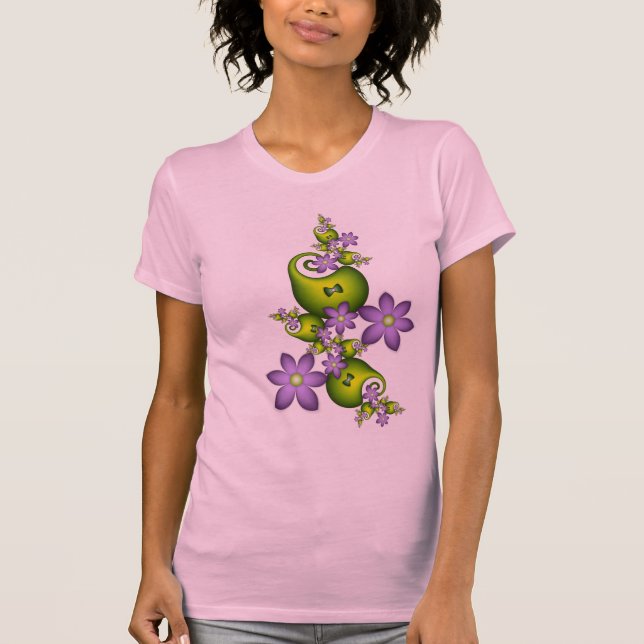 Blommigt Fantasy Lilac Flowers Grönt Shapes Fracta T Shirt (Framsida)