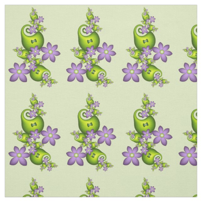 Blommigt Fantasy Lilac Flowers Grönt Shapes Fracta Tyg (Provkarta)