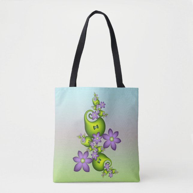 Blommigt Fantasy Lilac Flowers Grönt Shapes Fracta Tygkasse (Framsida)
