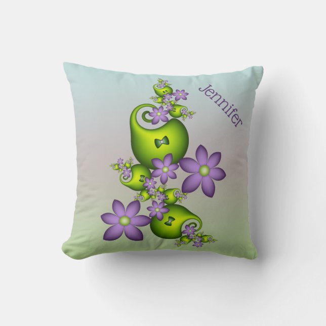 Blommigt Fantasy Lilac Flowers Grönt Shapes Namn Kudde (Framsida)