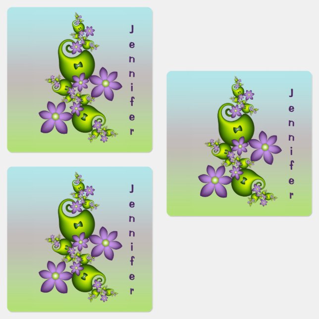 Blommigt Fantasy Lilac Flowers Grönt Shapes Own Na Klistermärke (Grupp)