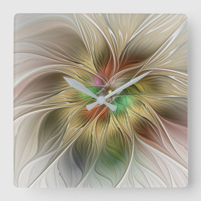 Blommigt Fantasy med Guld Modern Abstrakt Fractal Fyrkantig Klocka (Framsida)