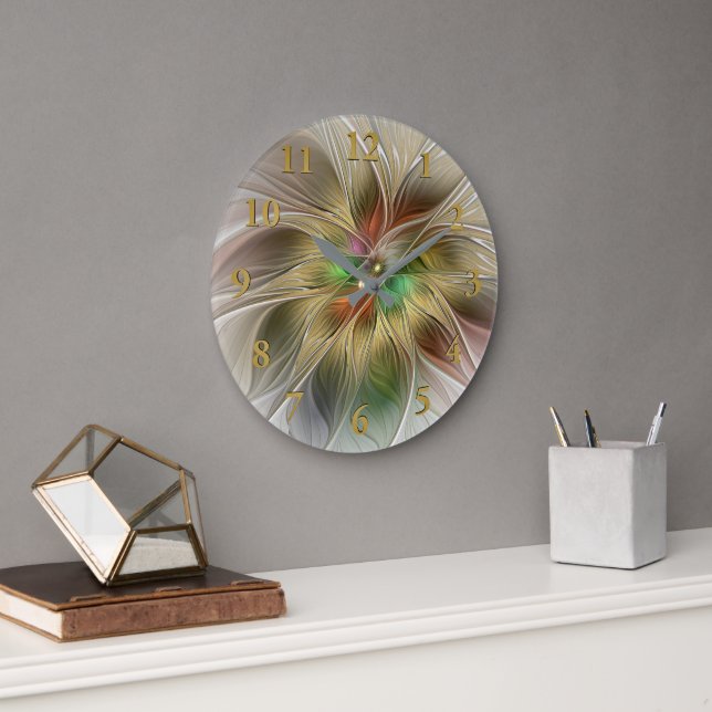 Blommigt Fantasy med Guld Modern Abstrakt Fractal Stor Klocka (Kontor)