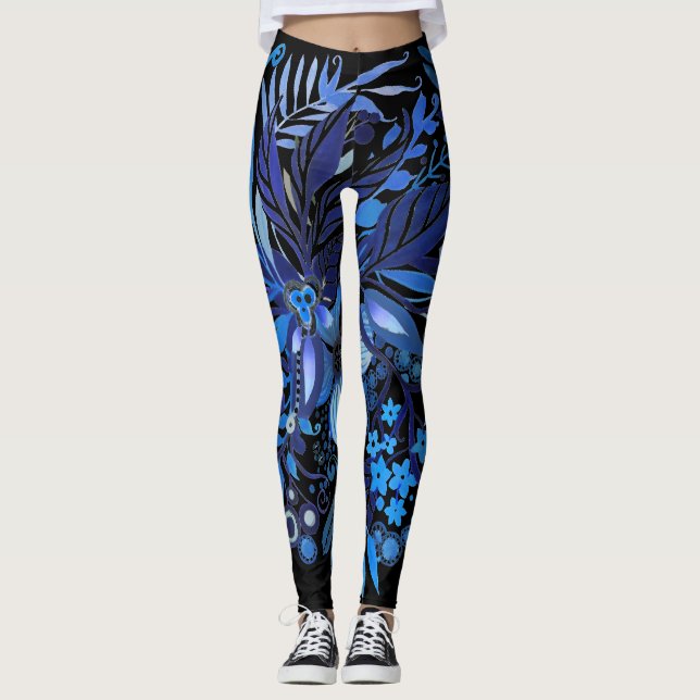 Blommigt Fantasy Midnight Blue Leggings (Framsida)