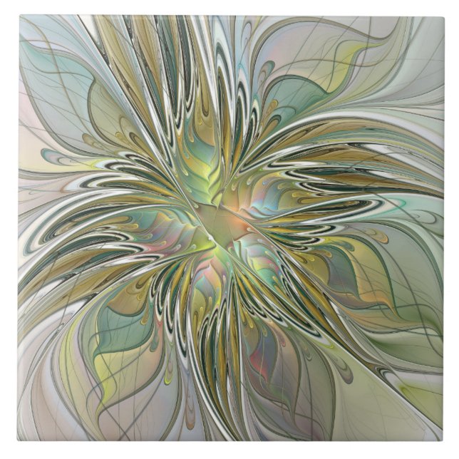 Blommigt Fantasy Modern Fractal Art blomma med Gul Kakelplatta (Framsidan)