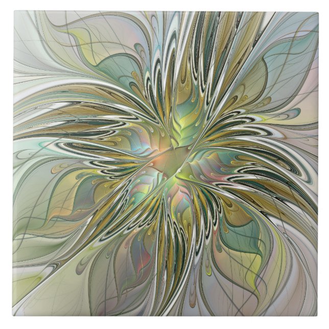Blommigt Fantasy Modern Fractal Art blomma med Gul Kakelplatta (Framsidan)