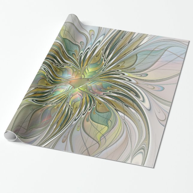 Blommigt Fantasy Modern Fractal Art blomma med Gul Presentpapper (Utrullad)