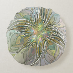 Blommigt Fantasy Modern Fractal Art blomma med Gul Rund Kudde