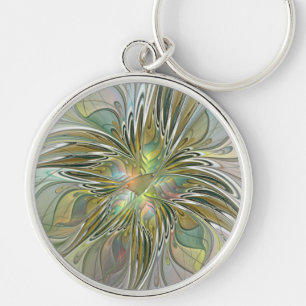 Blommigt Fantasy Modern Fractal Art blomma med Gul Rund Silverfärgad Nyckelring