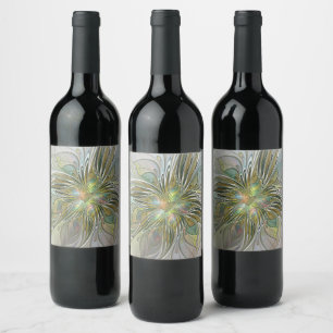 Blommigt Fantasy Modern Fractal Art blomma med Gul Vinflaska Etikett