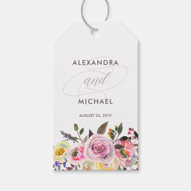 Blommigt Fantasy | Modern Watercolor-bröllopsförmå Presentetikett (Framsidan)
