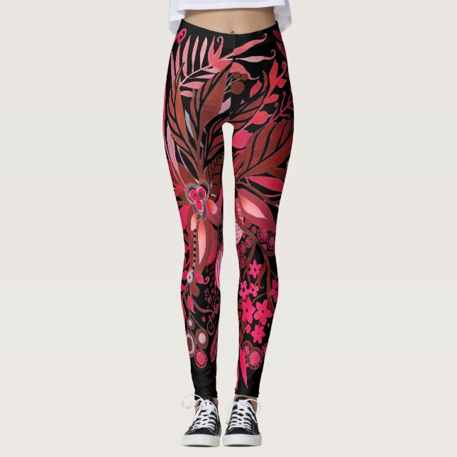 Blommigt Fantasy Ruby Red Leggings (Framsida)