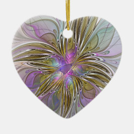 Blommigt Färg Abstrakt Fractal Rosa & Guld Heart Julgransprydnad Keramik