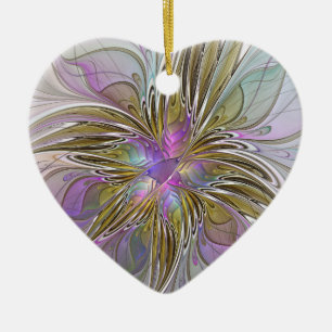 Blommigt Färg Abstrakt Fractal Rosa & Guld Heart Julgransprydnad Keramik