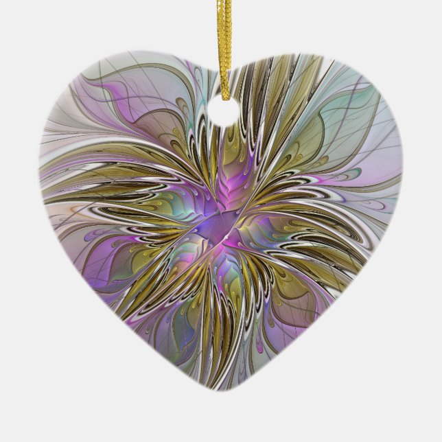 Blommigt Färg Abstrakt Fractal Rosa & Guld Heart Julgransprydnad Keramik (Framsidan)