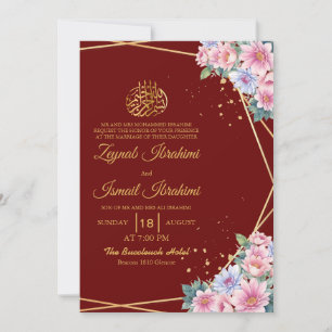 Blommigt Färg Burgundy islamisk muslimsk Bröllop Inbjudningar