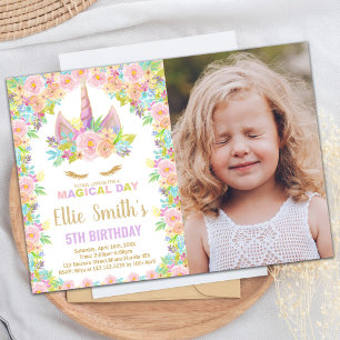 Blommigt Färg White Photo Unicorn Birthday Inbjudningar