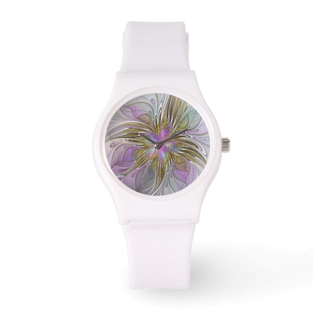 Blommigt Färgfläckig Abstrakt med Rosa och Guld Armbandsur (Framsida)