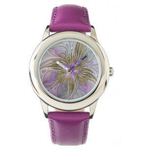 Blommigt Färgfläckig Abstrakt med Rosa och Guld Armbandsur