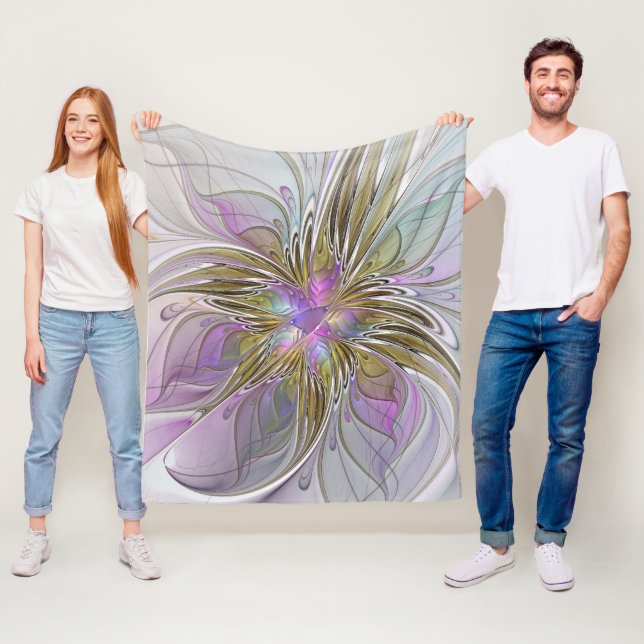 Blommigt Färgfläckig Abstrakt med Rosa och Guld Fleecefilt (På plats)
