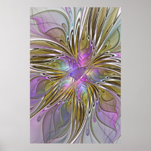 Blommigt Färgfläckig Abstrakt med Rosa och Guld Poster