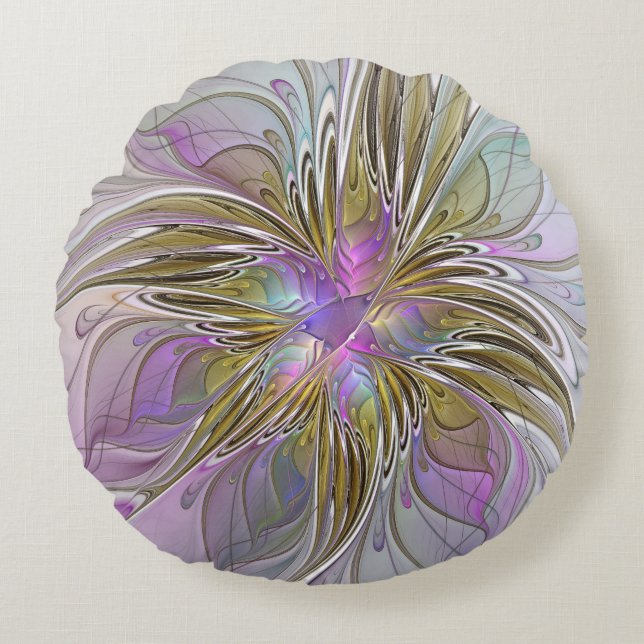 Blommigt Färgfläckig Abstrakt med Rosa och Guld Rund Kudde (Framsidan)