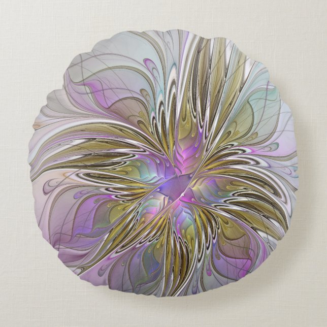 Blommigt Färgfläckig Abstrakt med Rosa och Guld Rund Kudde (Framsidan)