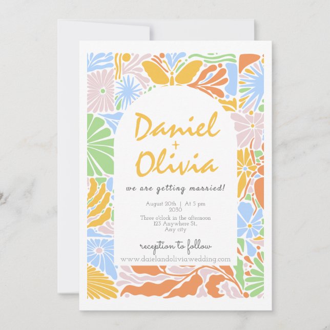 Blommigt Färgfull Retro Ram Bröllop Inbjudningar (Framsida)
