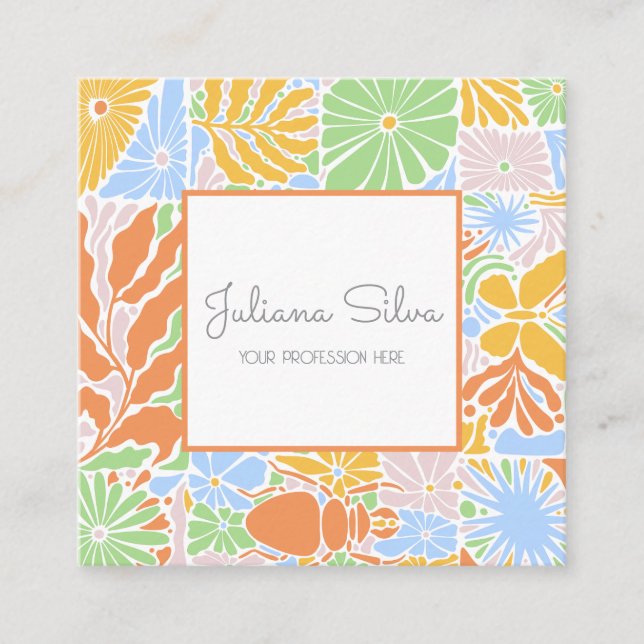 Blommigt Färgfull Retro Ram Fyrkantigt Visitkort (Framsida)