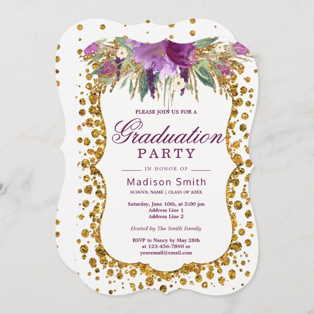 Blommigt Faux Guld Glitter Konfetti-Studentfest Inbjudningar (Fram/baksida)
