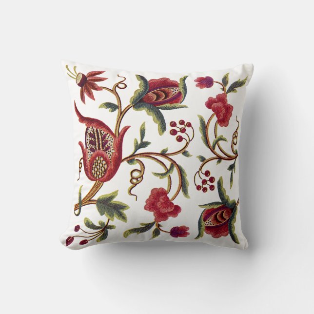 Blommigt Faux Jacobean Embroized Pillow Kudde (Framsida)