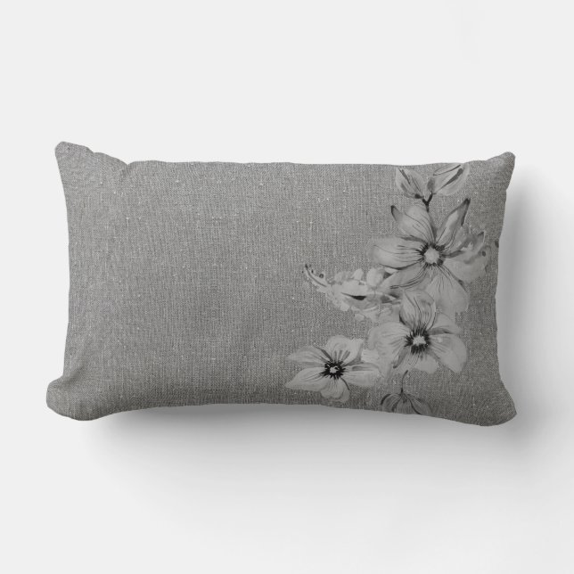 Blommigt Faux Linen Struktur Grått monokromatic Lumbarkudde (Framsida)