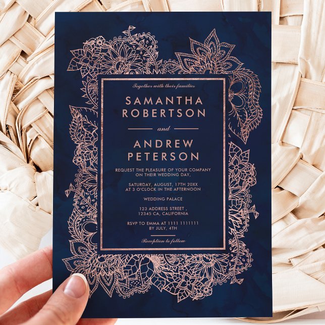 Blommigt faux marin ro guld (blå vattenfärg) bröll inbjudningar (Skapare uppladdad)
