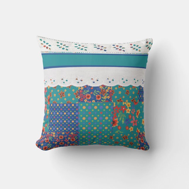 Blommigt Faux Patchwork on Teal, Faux Snöre Pillow Kudde (Framsida)