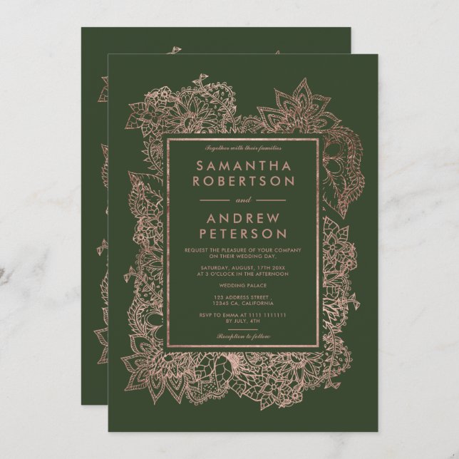 Blommigt faux ro ram-jägare grönt bröllop inbjudningar (Fram/baksida)