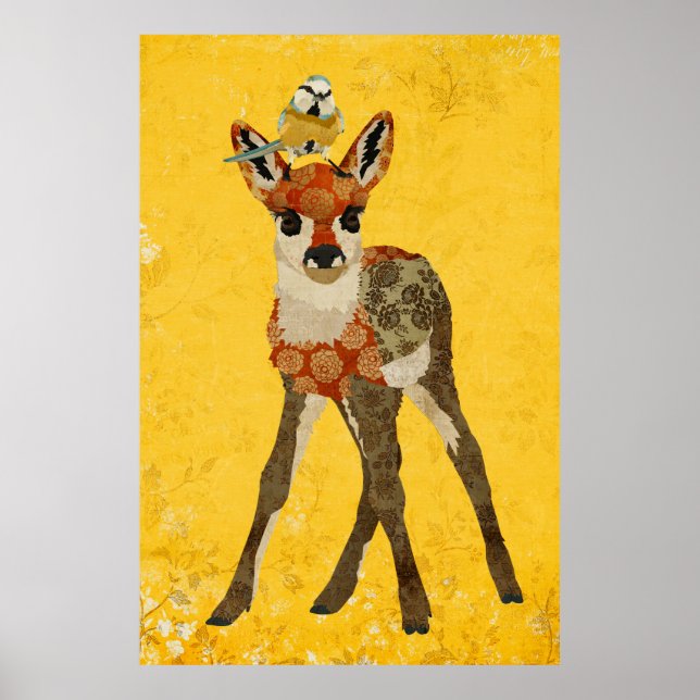 Blommigt Fawn & Little Bird Art Poster (Framsidan)