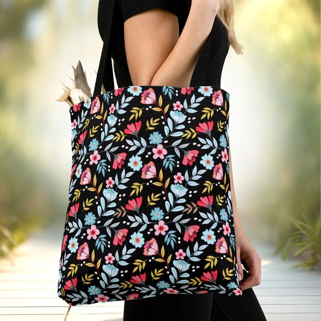 Blommigt Feminine Black Colorful Summer Tygkasse (Floral Feminine Black Colorful Summer Tote Bag)