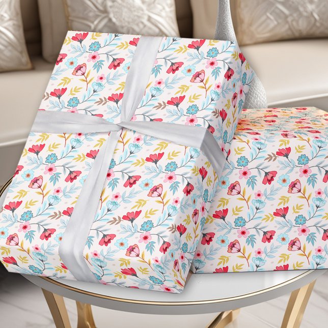 Blommigt Femininfärgad Rosa Blå sommarfödelsedag Presentpapper (Floral Feminine Colorful Pink Blue Summer Birthday Wrapping Paper)
