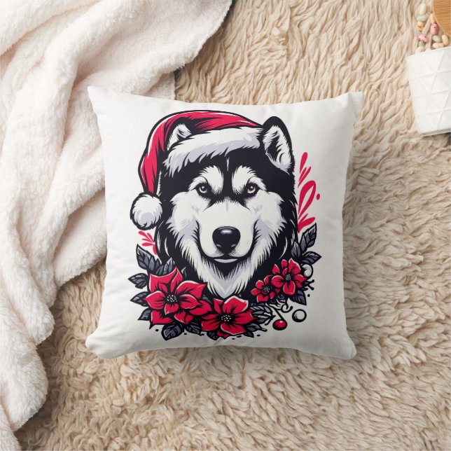 Blommigt Festive Husky Hund med Santa Hat Julafton Kudde (Filt)