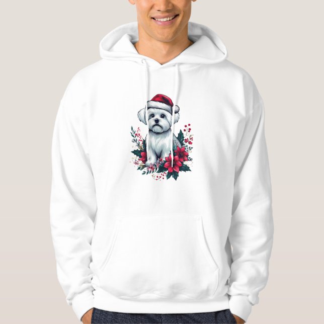 Blommigt Festive Maltese Hund med Santa Hat Julaft Hoodie (Framsida)