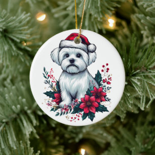 Blommigt Festive Maltese Hund med Santa Hat Julaft Julgransprydnad Keramik
