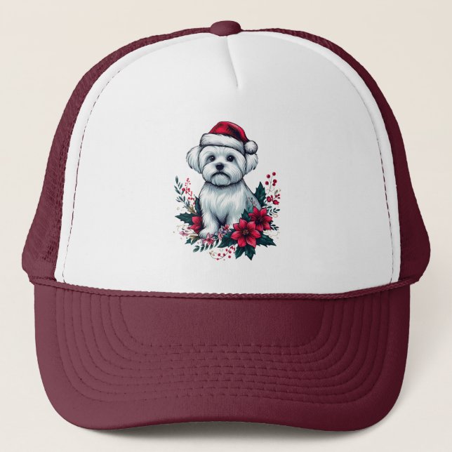 Blommigt Festive Maltese Hund med Santa Hat Julaft Keps (Framsida)