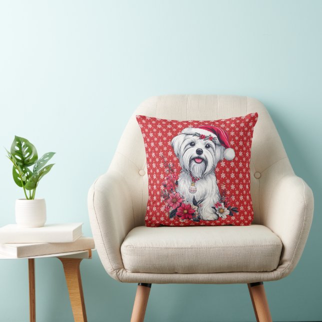 Blommigt Festive Maltese Hund med Santa Hat Julaft Kudde (Stol)