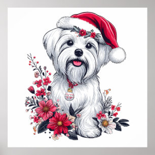 Blommigt Festive Maltese Hund med Santa Hat Julaft Poster