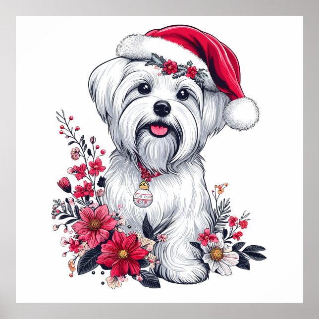 Blommigt Festive Maltese Hund med Santa Hat Julaft Poster (Framsidan)